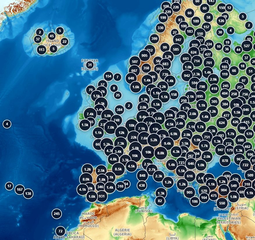 Dense terrain map of tall structures across Europe