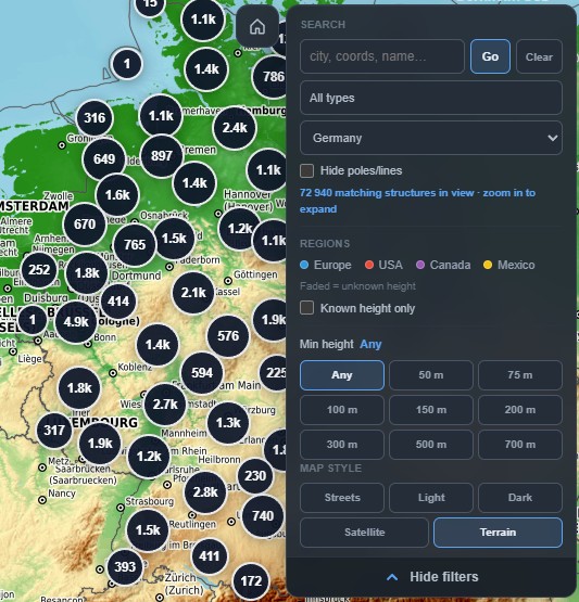 Full map filters panel with search, regions, height, and basemap controls