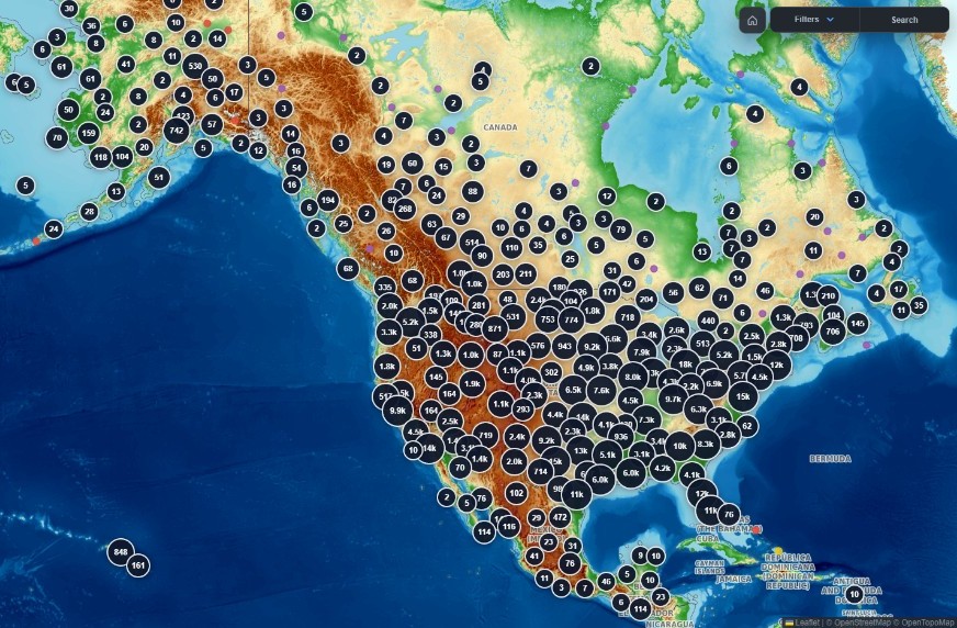 Dense terrain map of tall structures across North America